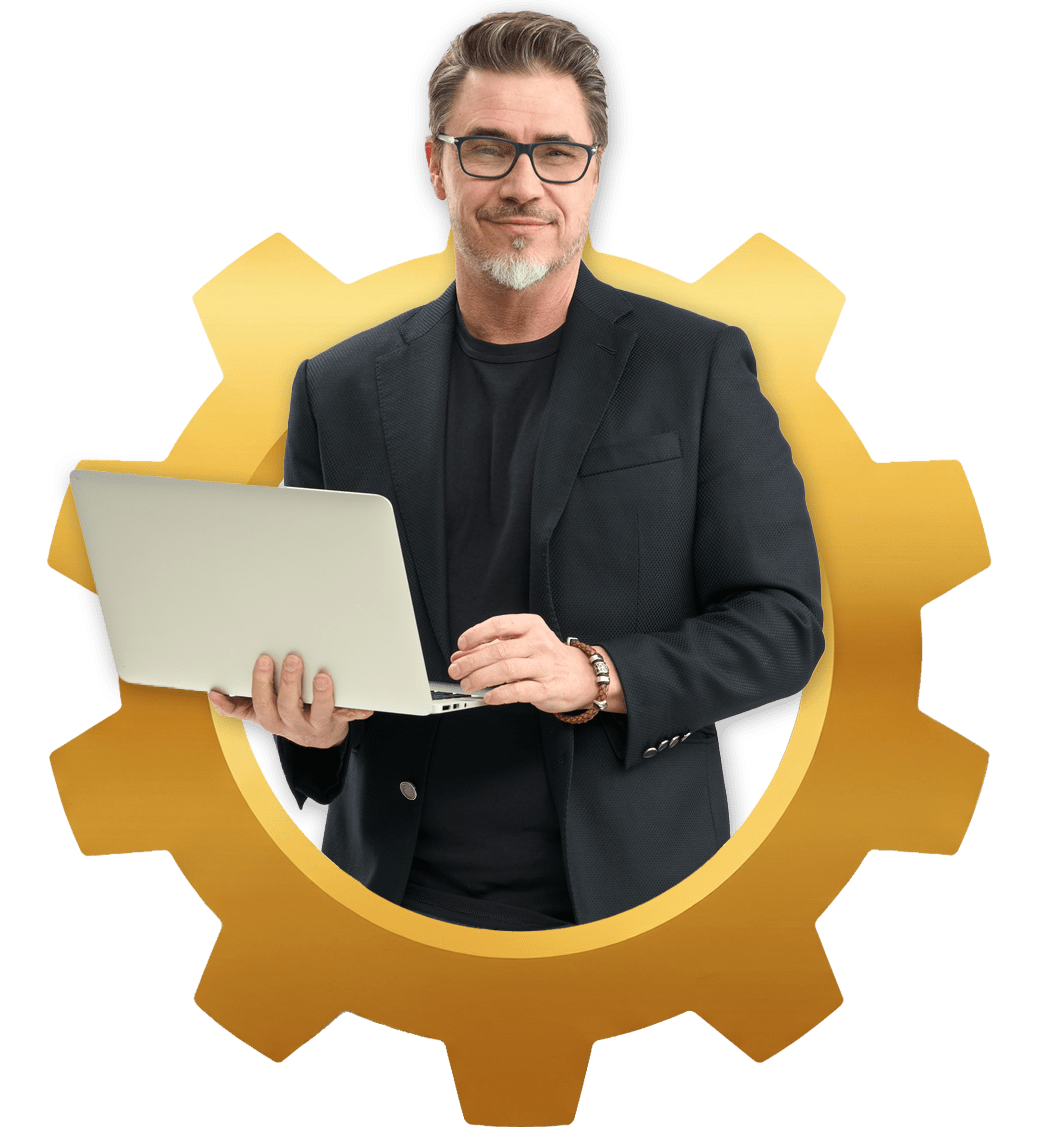 Professional man with glasses holding a laptop, framed by a yellow gear graphic, symbolizing creativity and innovation in technology.