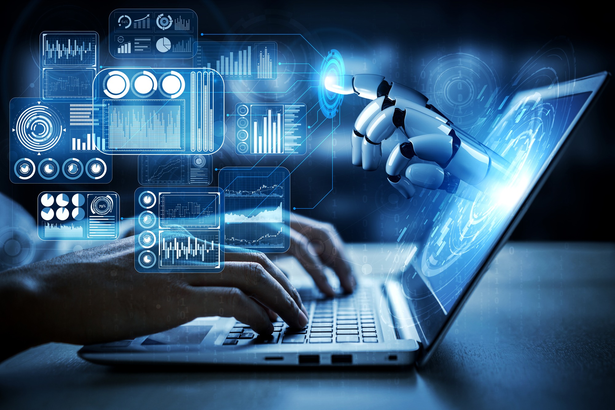 Artificial intelligence AI research of robot and cyborg development for future of people living. Digital data mining and machine learning technology design for computer brain communication