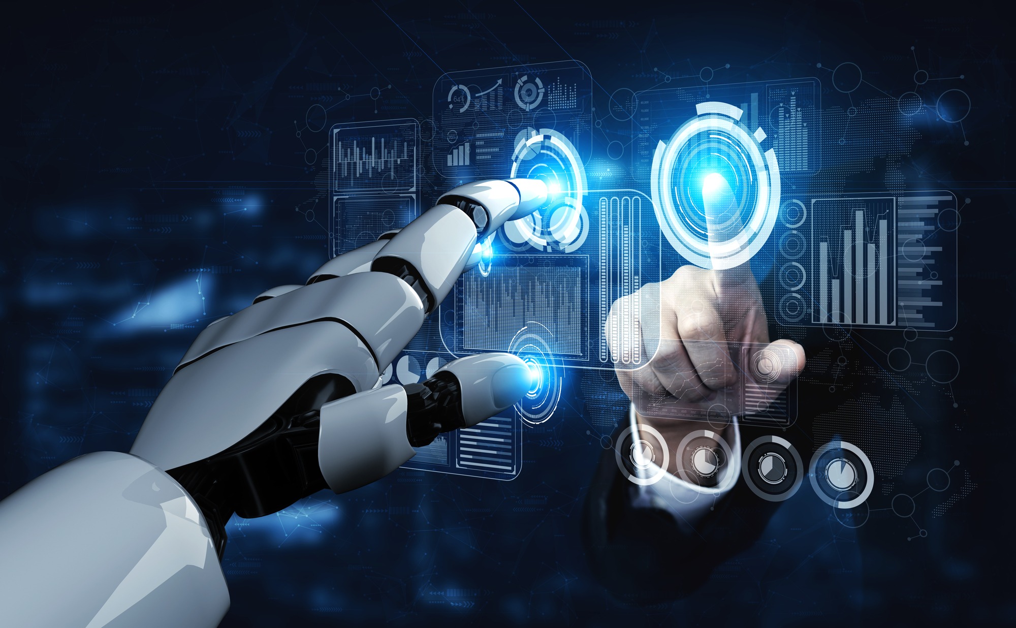 3D rendering artificial intelligence AI research of robot and cyborg development for future of people living. Digital data mining and machine learning technology design for computer brain