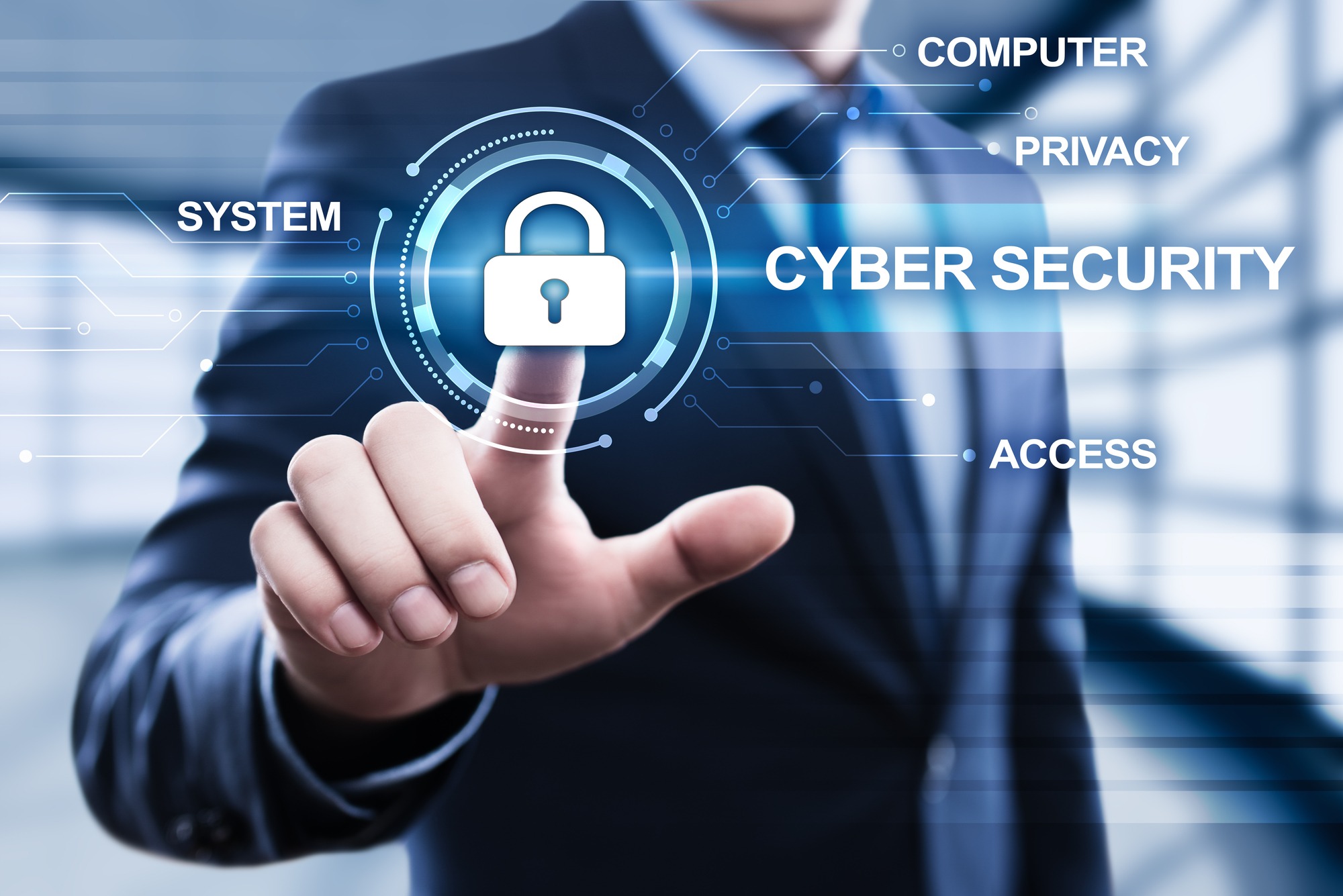 Cyber Security Data Protection Business Technology Privacy concept. Man pressing button on display with word in modern office